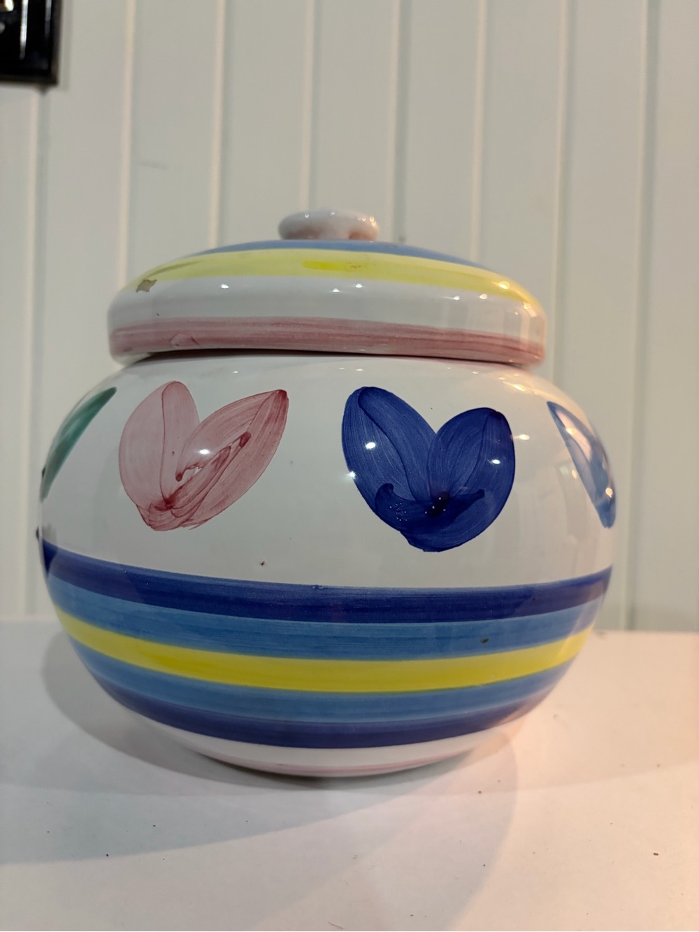 Caleca Hand-Painted Heart & Stripe Ceramic Jar in Blue, Yellow, Pink